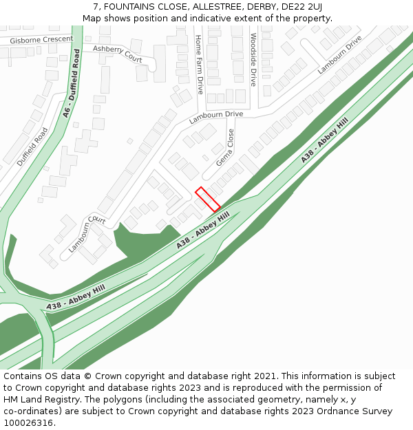 7, FOUNTAINS CLOSE, ALLESTREE, DERBY, DE22 2UJ: Location map and indicative extent of plot
