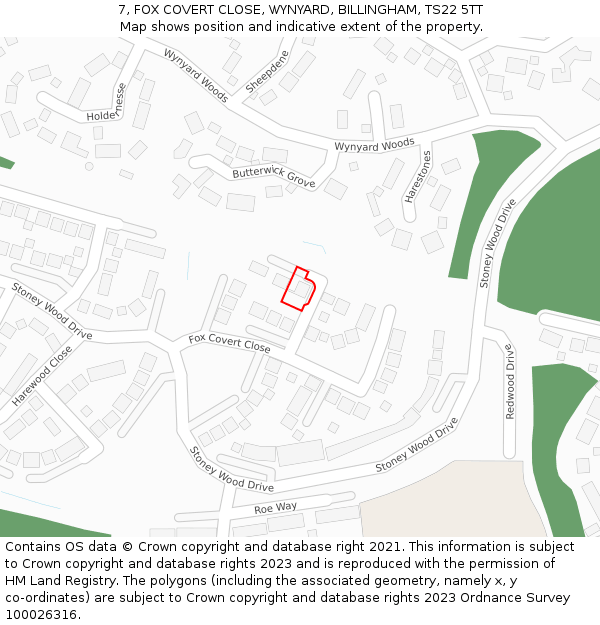 7, FOX COVERT CLOSE, WYNYARD, BILLINGHAM, TS22 5TT: Location map and indicative extent of plot