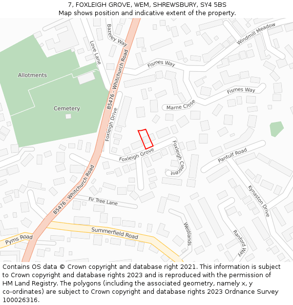 7, FOXLEIGH GROVE, WEM, SHREWSBURY, SY4 5BS: Location map and indicative extent of plot