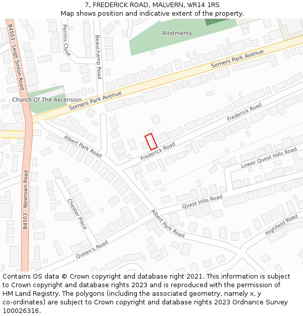 7, FREDERICK ROAD, MALVERN, WR14 1RS: Location map and indicative extent of plot