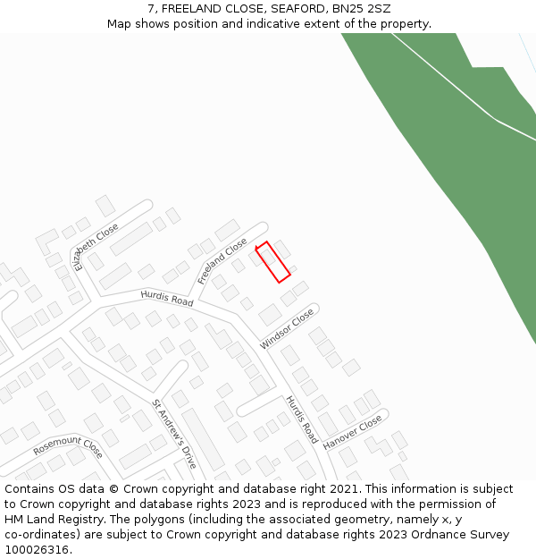 7, FREELAND CLOSE, SEAFORD, BN25 2SZ: Location map and indicative extent of plot