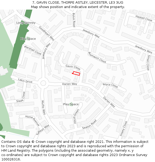 7, GAVIN CLOSE, THORPE ASTLEY, LEICESTER, LE3 3UG: Location map and indicative extent of plot