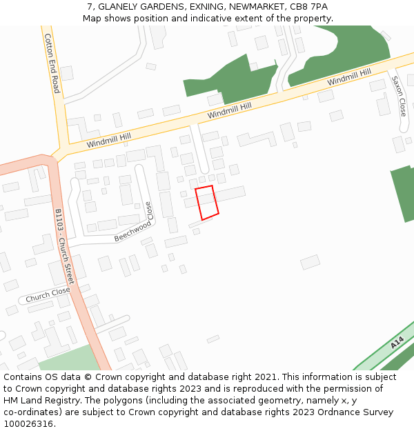 7, GLANELY GARDENS, EXNING, NEWMARKET, CB8 7PA: Location map and indicative extent of plot
