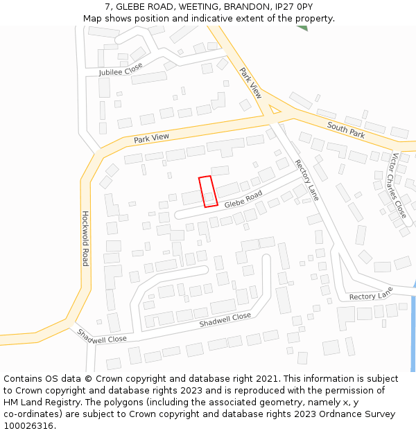 7, GLEBE ROAD, WEETING, BRANDON, IP27 0PY: Location map and indicative extent of plot