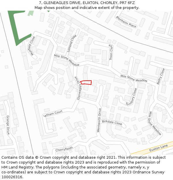 7, GLENEAGLES DRIVE, EUXTON, CHORLEY, PR7 6FZ: Location map and indicative extent of plot