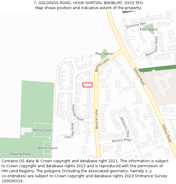 7, GOLDINGS ROAD, HOOK NORTON, BANBURY, OX15 5FG: Location map and indicative extent of plot