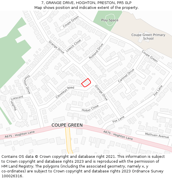 7, GRANGE DRIVE, HOGHTON, PRESTON, PR5 0LP: Location map and indicative extent of plot