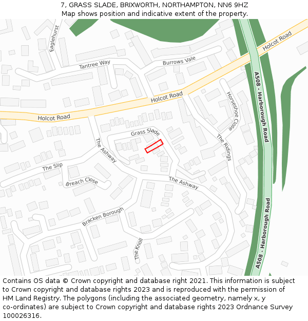 7, GRASS SLADE, BRIXWORTH, NORTHAMPTON, NN6 9HZ: Location map and indicative extent of plot