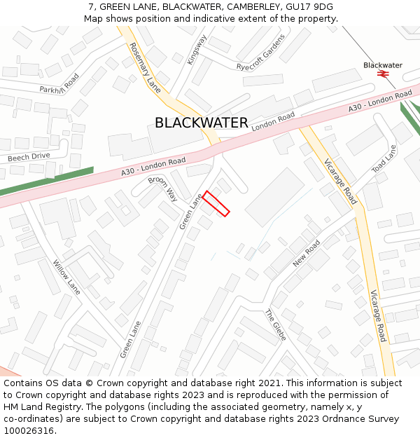 7, GREEN LANE, BLACKWATER, CAMBERLEY, GU17 9DG: Location map and indicative extent of plot