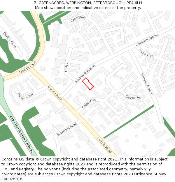 7, GREENACRES, WERRINGTON, PETERBOROUGH, PE4 6LH: Location map and indicative extent of plot