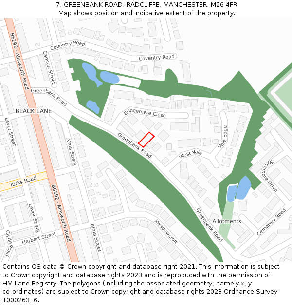 7, GREENBANK ROAD, RADCLIFFE, MANCHESTER, M26 4FR: Location map and indicative extent of plot