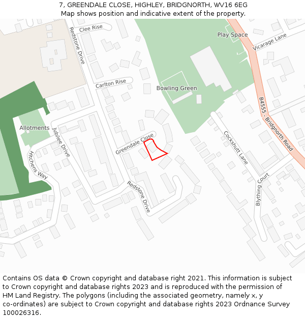 7, GREENDALE CLOSE, HIGHLEY, BRIDGNORTH, WV16 6EG: Location map and indicative extent of plot