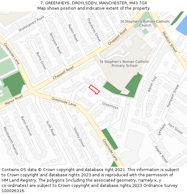 7, GREENHEYS, DROYLSDEN, MANCHESTER, M43 7GX: Location map and indicative extent of plot