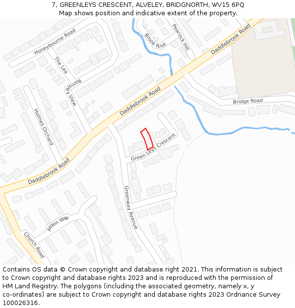 7, GREENLEYS CRESCENT, ALVELEY, BRIDGNORTH, WV15 6PQ: Location map and indicative extent of plot