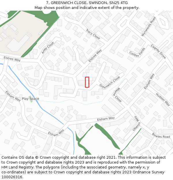 7, GREENWICH CLOSE, SWINDON, SN25 4TG: Location map and indicative extent of plot