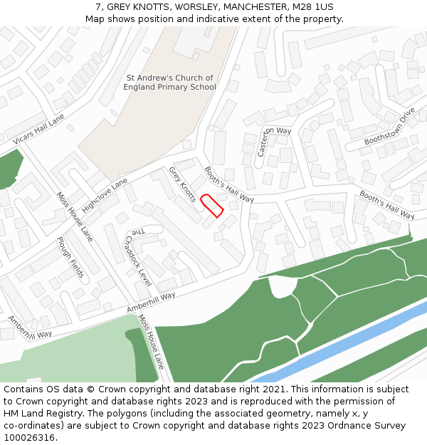 7, GREY KNOTTS, WORSLEY, MANCHESTER, M28 1US: Location map and indicative extent of plot