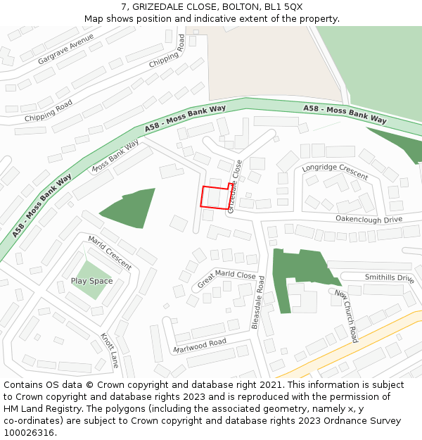 7, GRIZEDALE CLOSE, BOLTON, BL1 5QX: Location map and indicative extent of plot