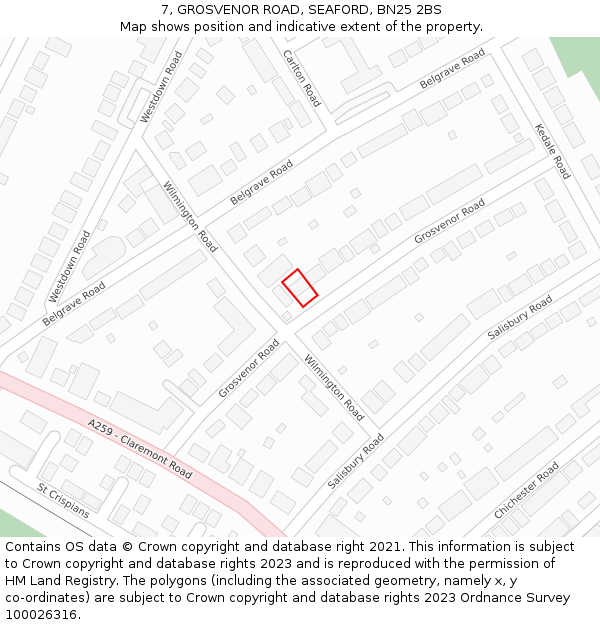 7, GROSVENOR ROAD, SEAFORD, BN25 2BS: Location map and indicative extent of plot