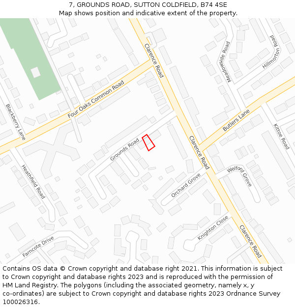7, GROUNDS ROAD, SUTTON COLDFIELD, B74 4SE: Location map and indicative extent of plot