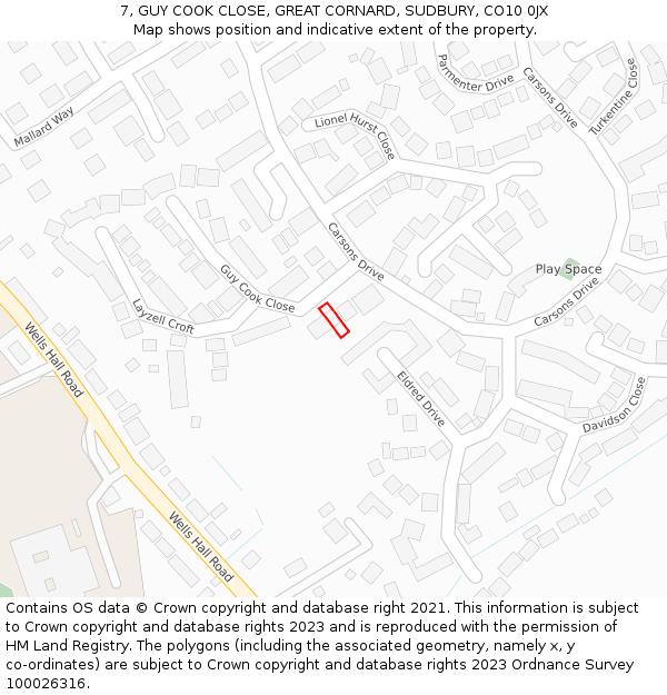 7, GUY COOK CLOSE, GREAT CORNARD, SUDBURY, CO10 0JX: Location map and indicative extent of plot