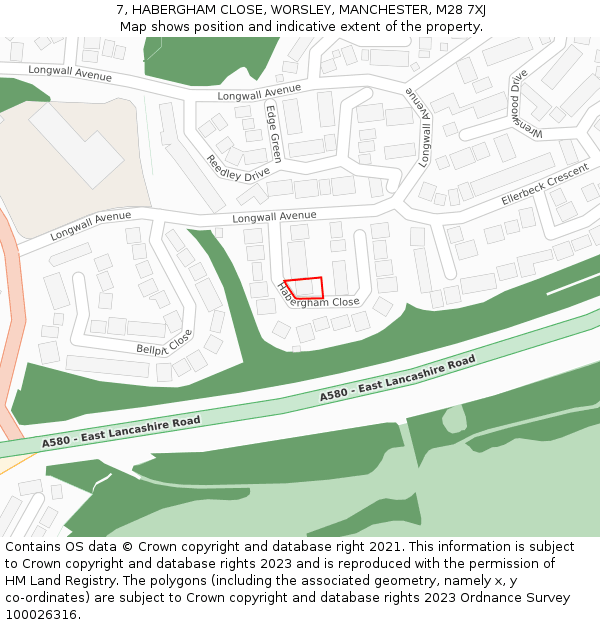 7, HABERGHAM CLOSE, WORSLEY, MANCHESTER, M28 7XJ: Location map and indicative extent of plot
