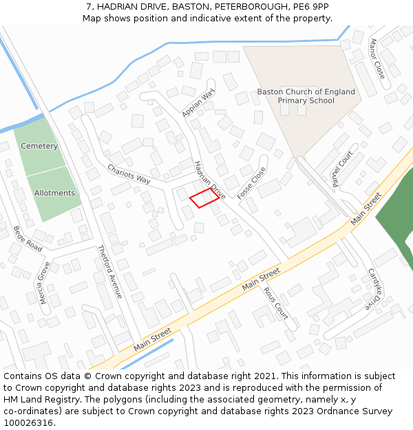 7, HADRIAN DRIVE, BASTON, PETERBOROUGH, PE6 9PP: Location map and indicative extent of plot