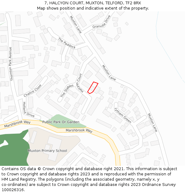 7, HALCYON COURT, MUXTON, TELFORD, TF2 8RX: Location map and indicative extent of plot