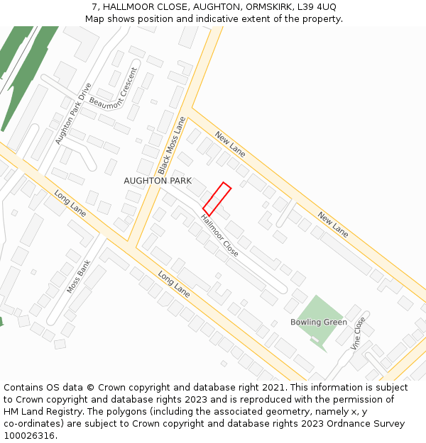 7, HALLMOOR CLOSE, AUGHTON, ORMSKIRK, L39 4UQ: Location map and indicative extent of plot