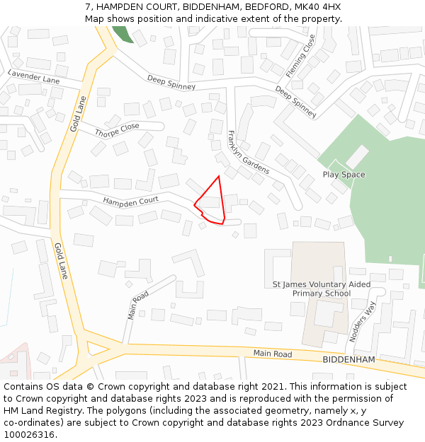 7, HAMPDEN COURT, BIDDENHAM, BEDFORD, MK40 4HX: Location map and indicative extent of plot