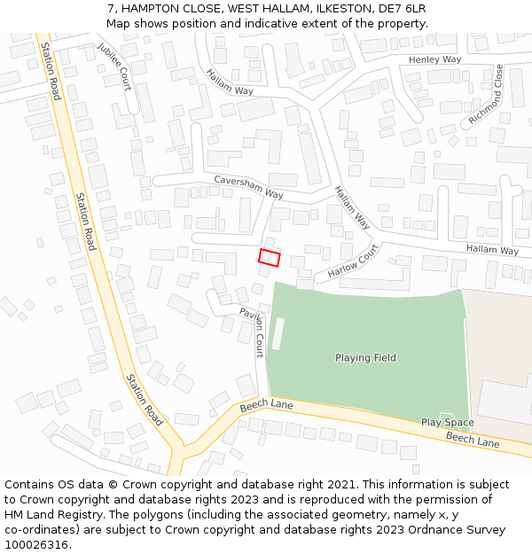7, HAMPTON CLOSE, WEST HALLAM, ILKESTON, DE7 6LR: Location map and indicative extent of plot