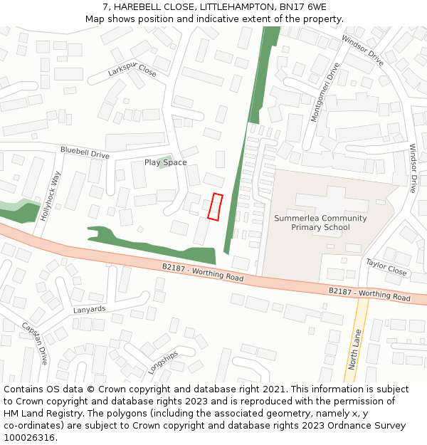 7, HAREBELL CLOSE, LITTLEHAMPTON, BN17 6WE: Location map and indicative extent of plot