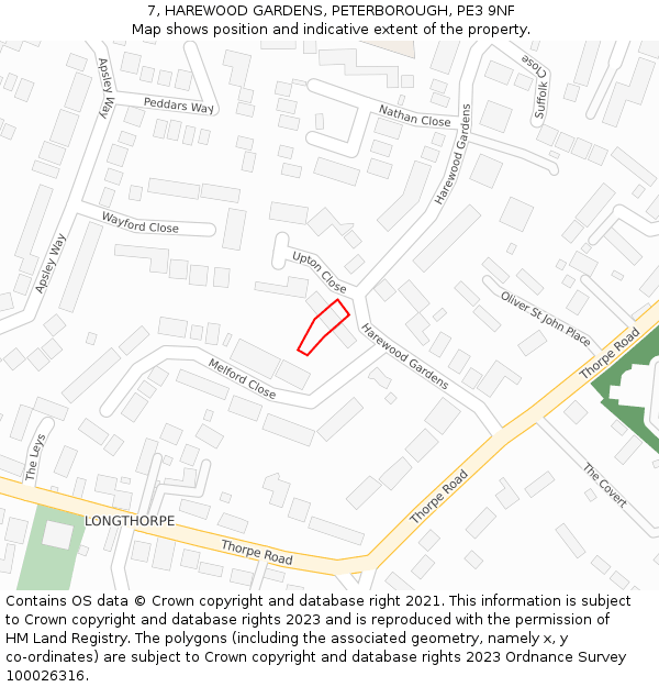 7, HAREWOOD GARDENS, PETERBOROUGH, PE3 9NF: Location map and indicative extent of plot