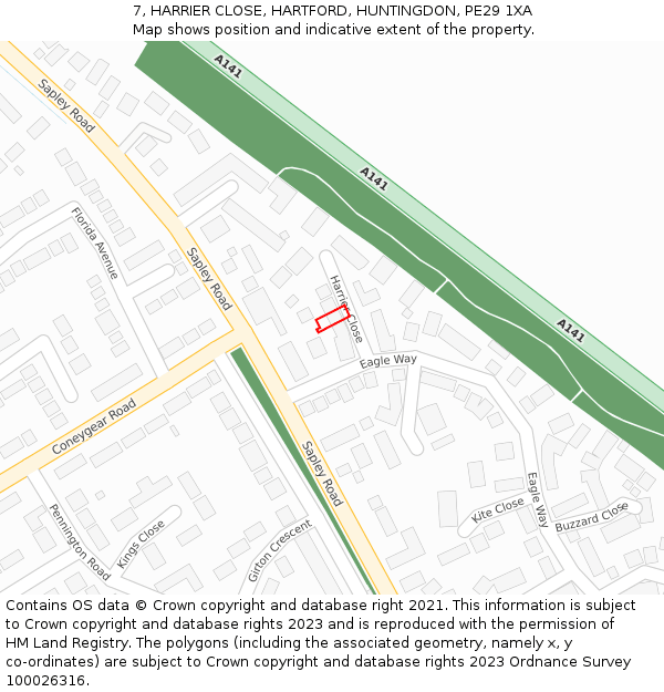7, HARRIER CLOSE, HARTFORD, HUNTINGDON, PE29 1XA: Location map and indicative extent of plot