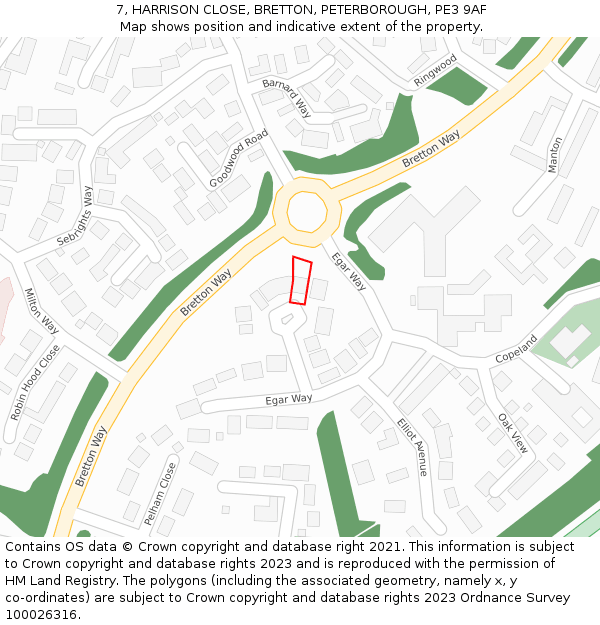 7, HARRISON CLOSE, BRETTON, PETERBOROUGH, PE3 9AF: Location map and indicative extent of plot