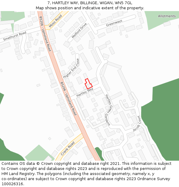 7, HARTLEY WAY, BILLINGE, WIGAN, WN5 7GL: Location map and indicative extent of plot