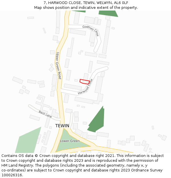 7, HARWOOD CLOSE, TEWIN, WELWYN, AL6 0LF: Location map and indicative extent of plot