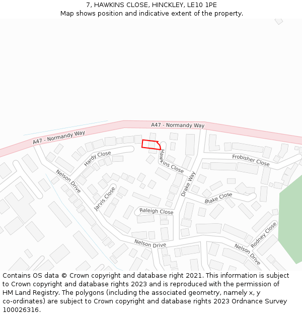 7, HAWKINS CLOSE, HINCKLEY, LE10 1PE: Location map and indicative extent of plot
