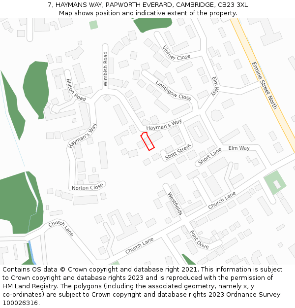 7, HAYMANS WAY, PAPWORTH EVERARD, CAMBRIDGE, CB23 3XL: Location map and indicative extent of plot