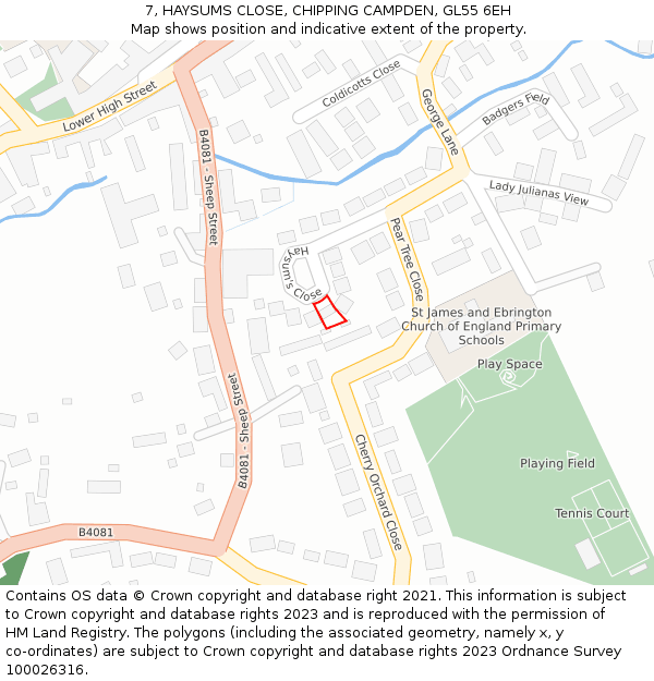 7, HAYSUMS CLOSE, CHIPPING CAMPDEN, GL55 6EH: Location map and indicative extent of plot