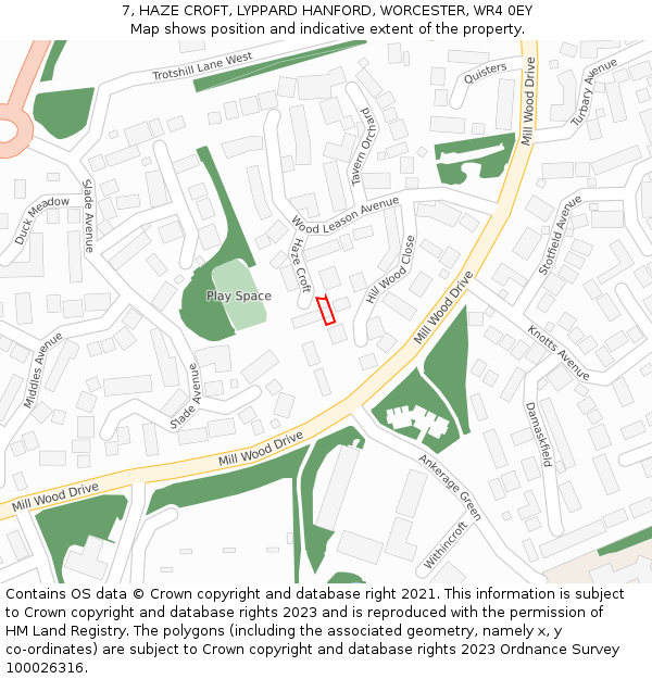 7, HAZE CROFT, LYPPARD HANFORD, WORCESTER, WR4 0EY: Location map and indicative extent of plot