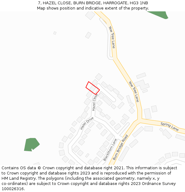 7, HAZEL CLOSE, BURN BRIDGE, HARROGATE, HG3 1NB: Location map and indicative extent of plot