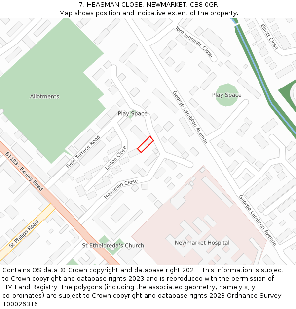7, HEASMAN CLOSE, NEWMARKET, CB8 0GR: Location map and indicative extent of plot