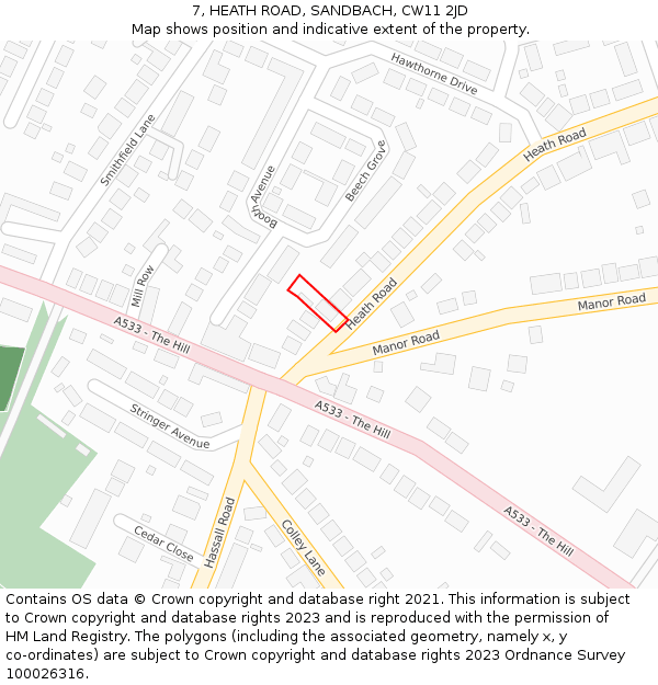 7, HEATH ROAD, SANDBACH, CW11 2JD: Location map and indicative extent of plot