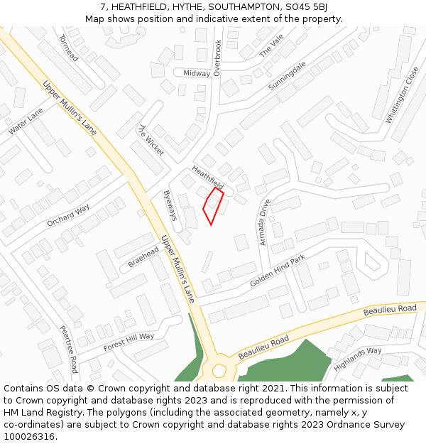 7, HEATHFIELD, HYTHE, SOUTHAMPTON, SO45 5BJ: Location map and indicative extent of plot