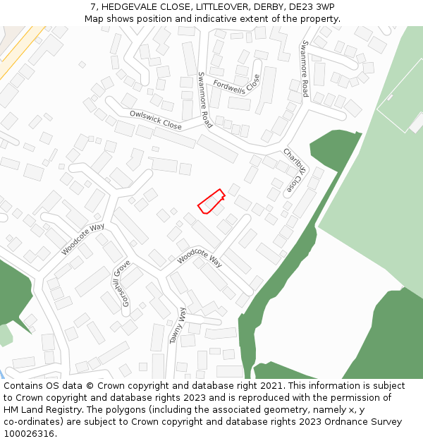 7, HEDGEVALE CLOSE, LITTLEOVER, DERBY, DE23 3WP: Location map and indicative extent of plot