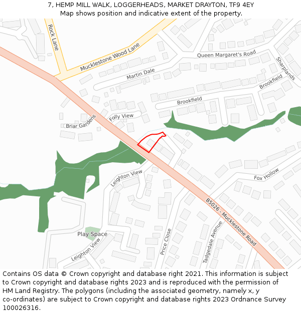 7, HEMP MILL WALK, LOGGERHEADS, MARKET DRAYTON, TF9 4EY: Location map and indicative extent of plot