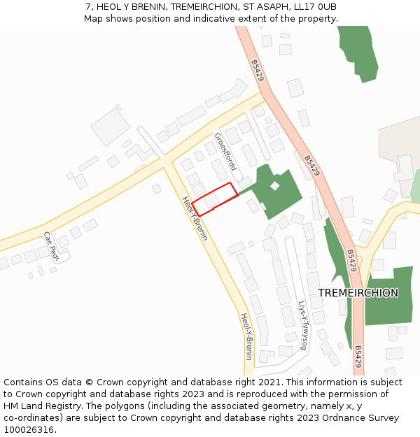 7, HEOL Y BRENIN, TREMEIRCHION, ST ASAPH, LL17 0UB: Location map and indicative extent of plot