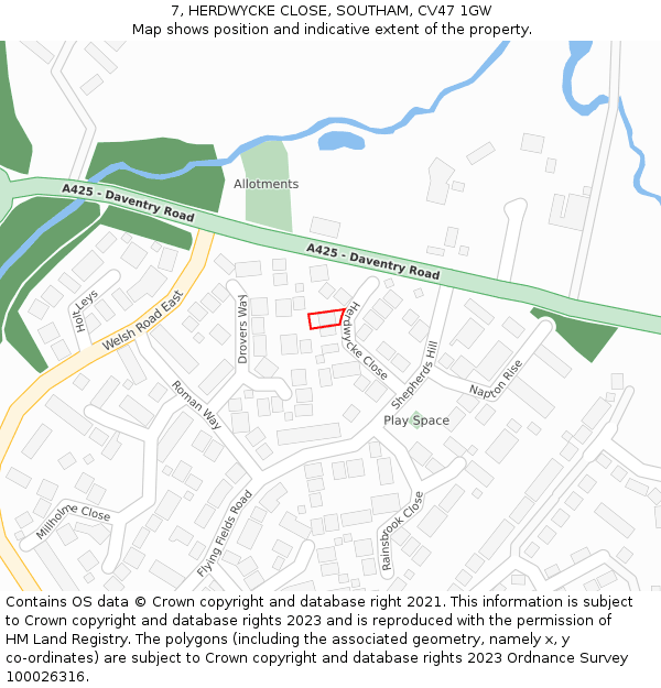 7, HERDWYCKE CLOSE, SOUTHAM, CV47 1GW: Location map and indicative extent of plot