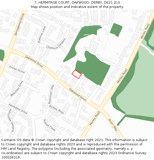 7, HERMITAGE COURT, OAKWOOD, DERBY, DE21 2LG: Location map and indicative extent of plot