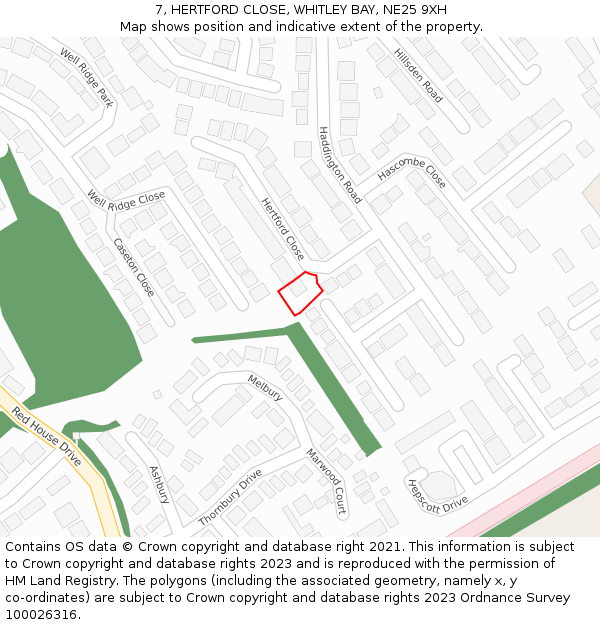 7, HERTFORD CLOSE, WHITLEY BAY, NE25 9XH: Location map and indicative extent of plot